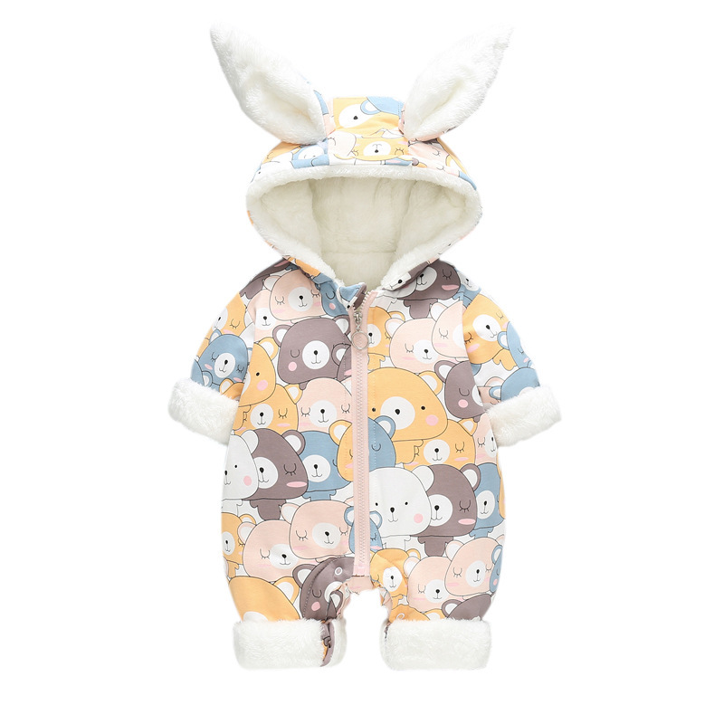 Baby Boy/Girl Winter Cartoon Allover Thicken Fuzzy Hooded Long Sleeve Romper-kissminis
