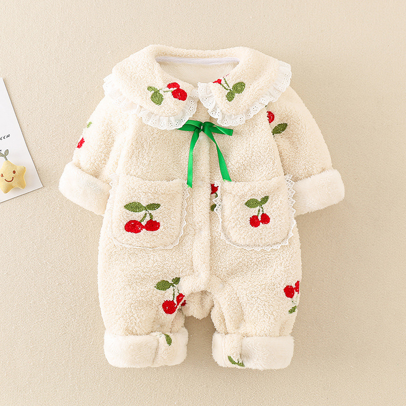 Winter Newborn Baby Boy & Girl Cherry Pattern Fluff Long Sleeve Romper-kissminis