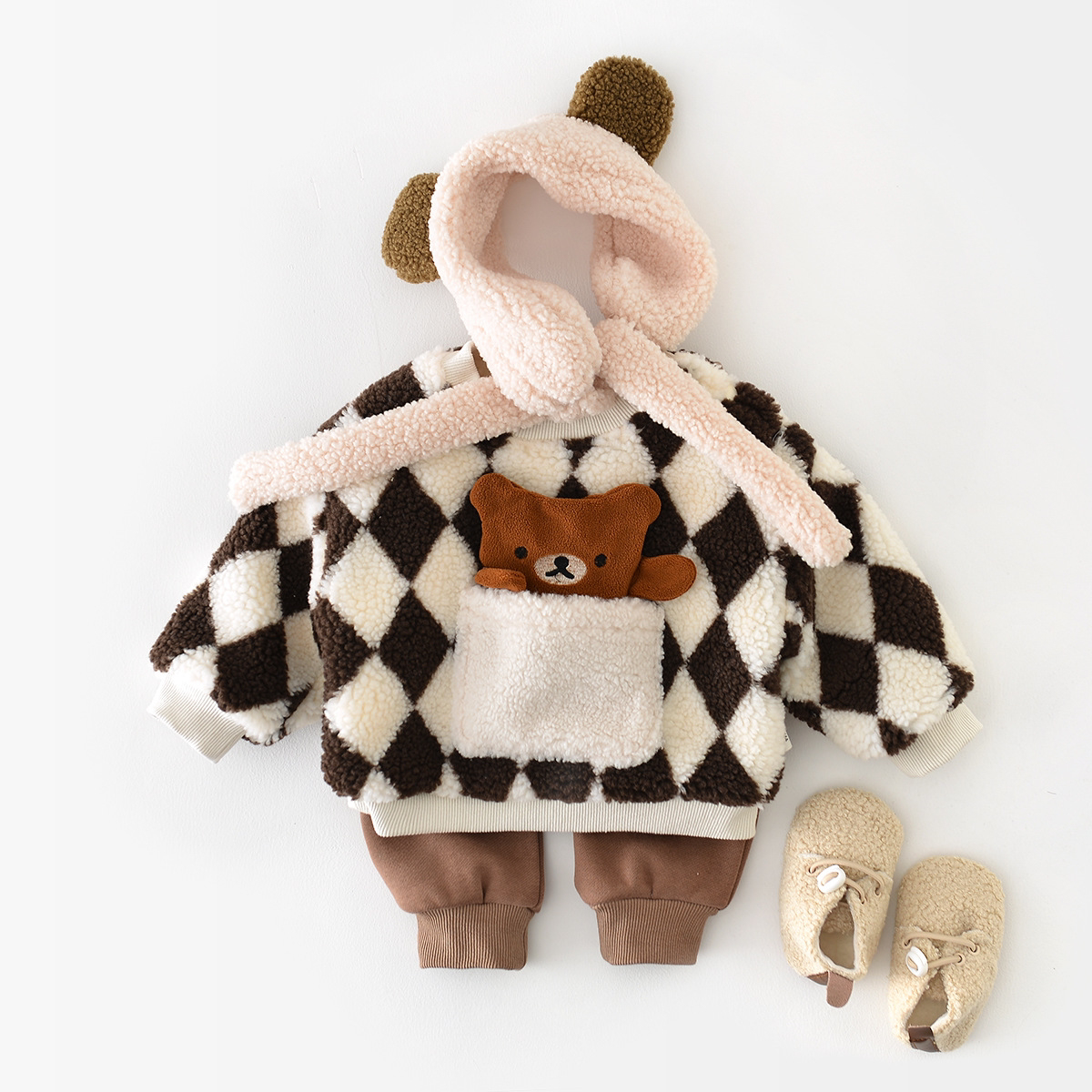 Winter Baby Boy/Girl Cartoon Bear Plaid Fluff Long Sleeve Sweatshirt-kissminis