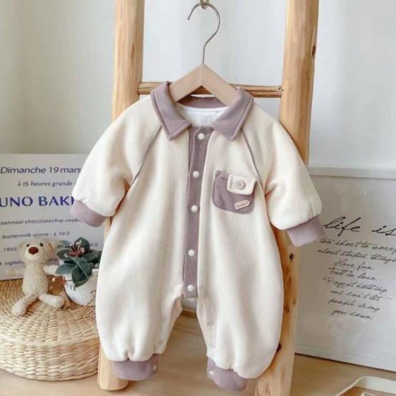 Newborn Baby Boy/Girl Lapel Button Pockets Design Soild Color Winter Long Sleeve Romper-kissminis