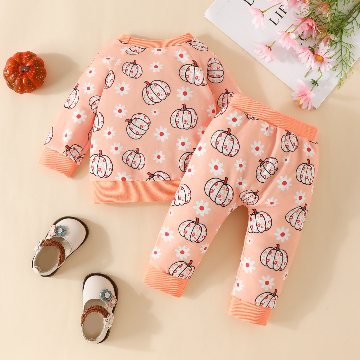 2pcs Baby Boy/Girl Halloween Allover Pumpkin Print Long Sleeve Tops and Stripe Pants Set-kissminis