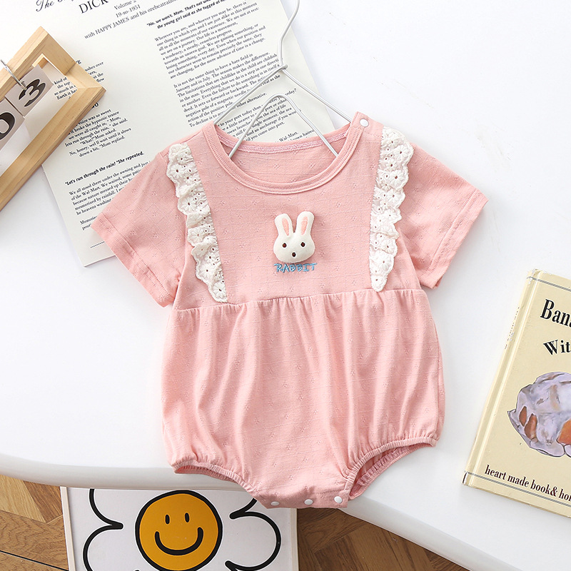 Newborn Baby Girl 95% Cotton Lace Lovely Embroidered Rabbit Button Bodysuit
