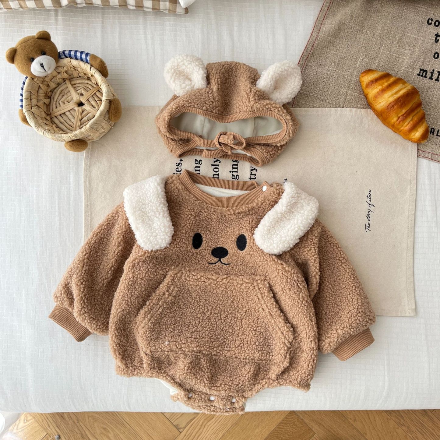 Baby Boy/Girl Cute Dog Design Long Sleeve Bodysuit and Hat Set-kissminis