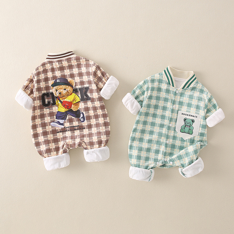 Baby Boy/Girl Gingham Bear Graphic Pocket Patch Long Sleeve Romper-kissminis