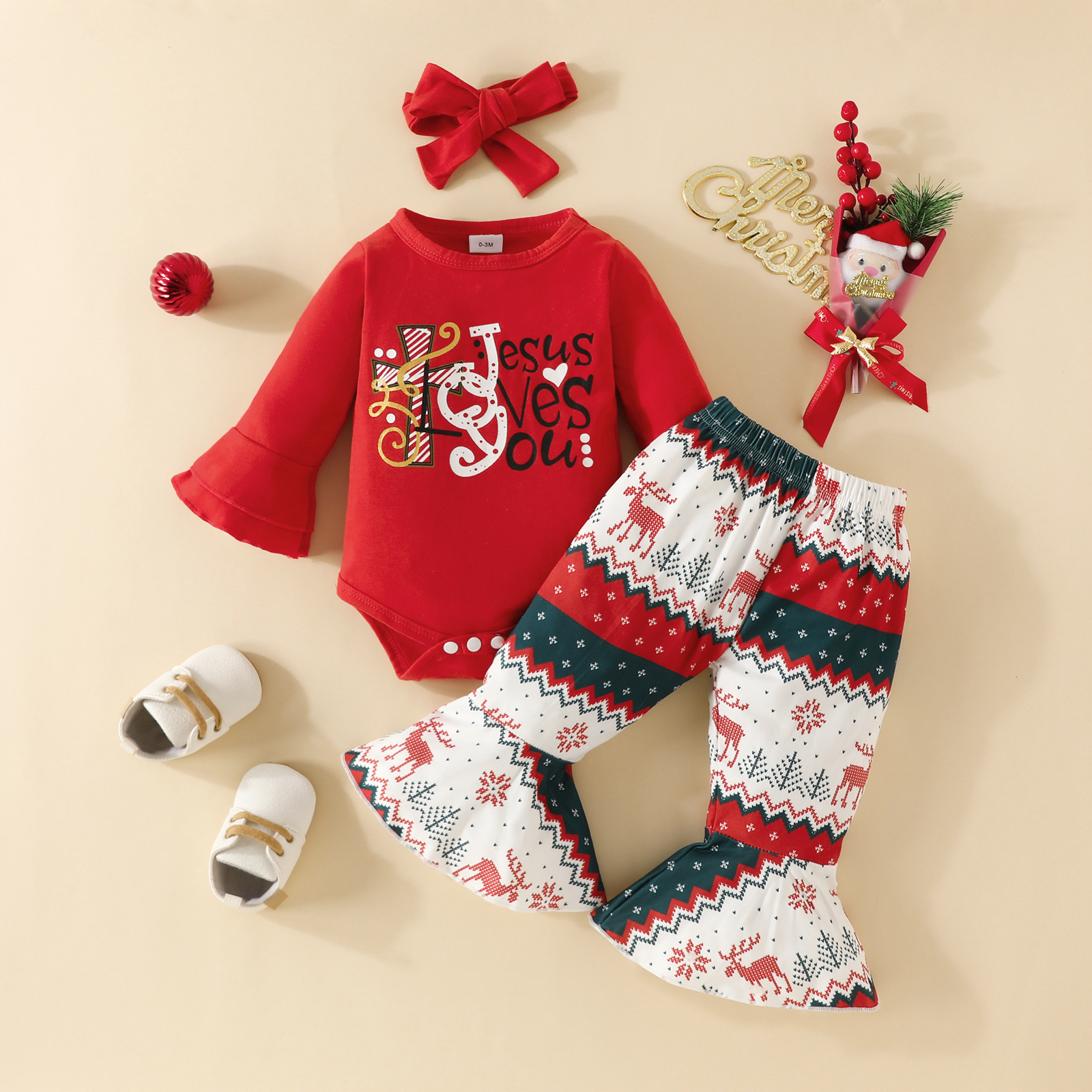 3pcs Newborn Baby Girl Christmas Letter and Cartoon Print Bowknot Long Sleeve Tops with Bell Bottoms and Hairband Set-kissminis