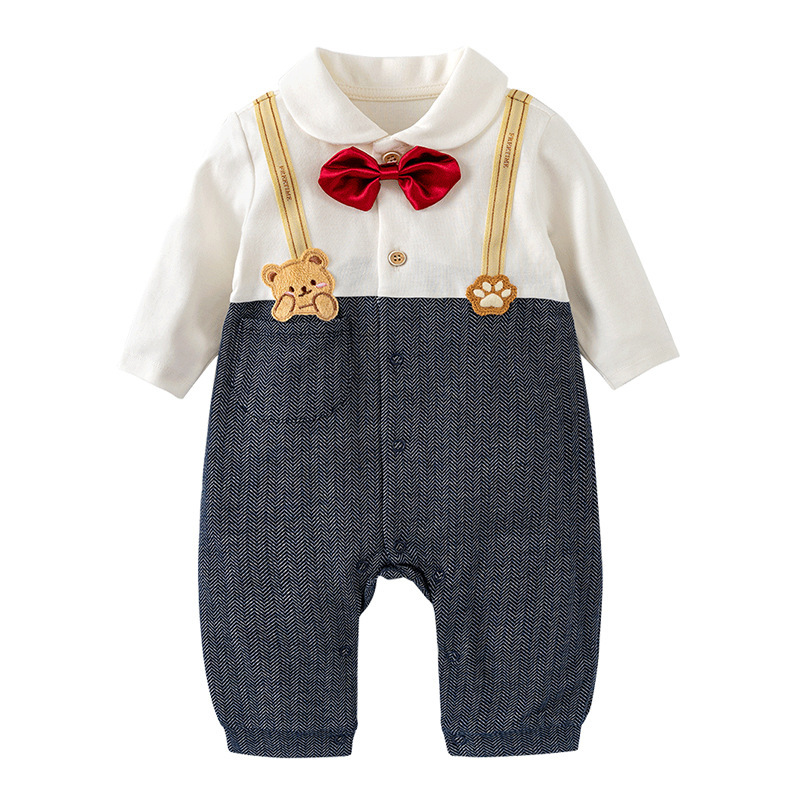 Baby Boy Cute Bear Print Bow Tie Long Sleeve Romper-kissminis