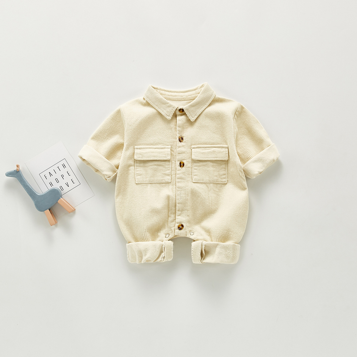 Baby Boy Solid Color Single Breasted Long Sleeve Romper-kissminis