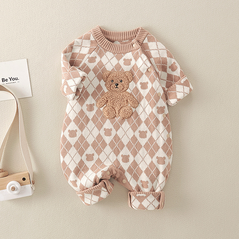 Baby Boy/Girl Cotton Bear Graphic Plaid Knitted Romper-kissminis