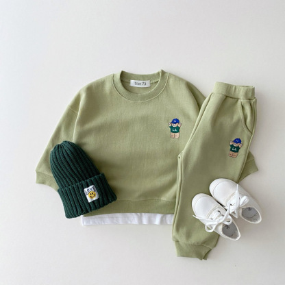 Toddler Boy/Girl Embroideried Mini Baseba Bear Solid Color T-shirt and Casual Pants Set