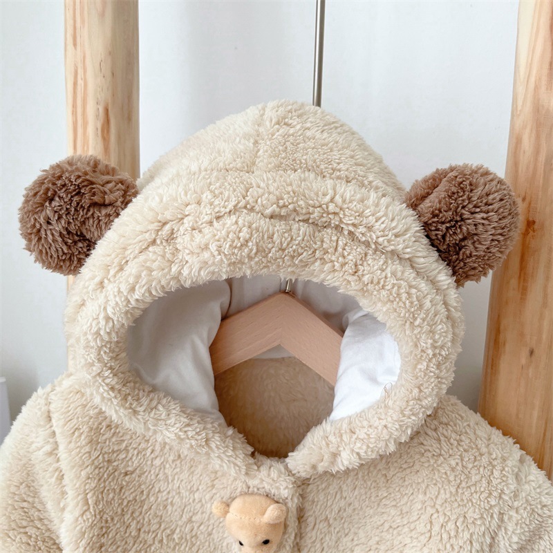 Winter Baby Boy/Girl Winter 3D Bear Doll Long Sleeve Hooded Thicken Fluff Romper-kissminis