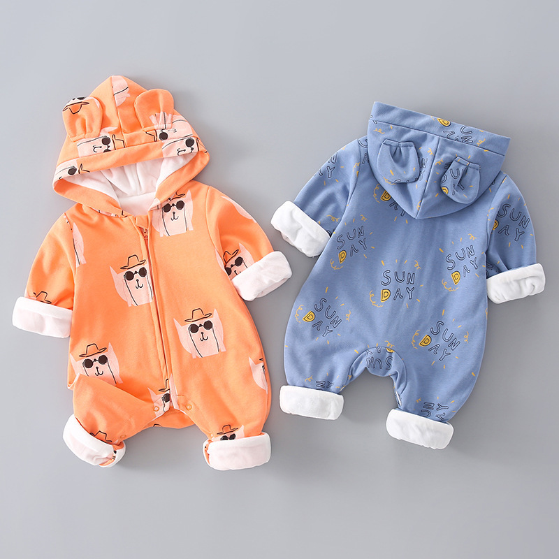 Baby Boy/Girl Winter Cute Cartoon Cat Pattern Hooded Romper-kissminis