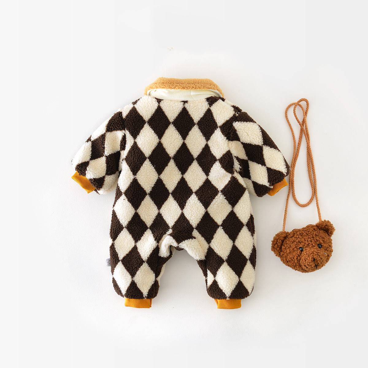Winter Baby Boy Bear Plaid Graphic Fluff Long Sleeve Romper-kissminis