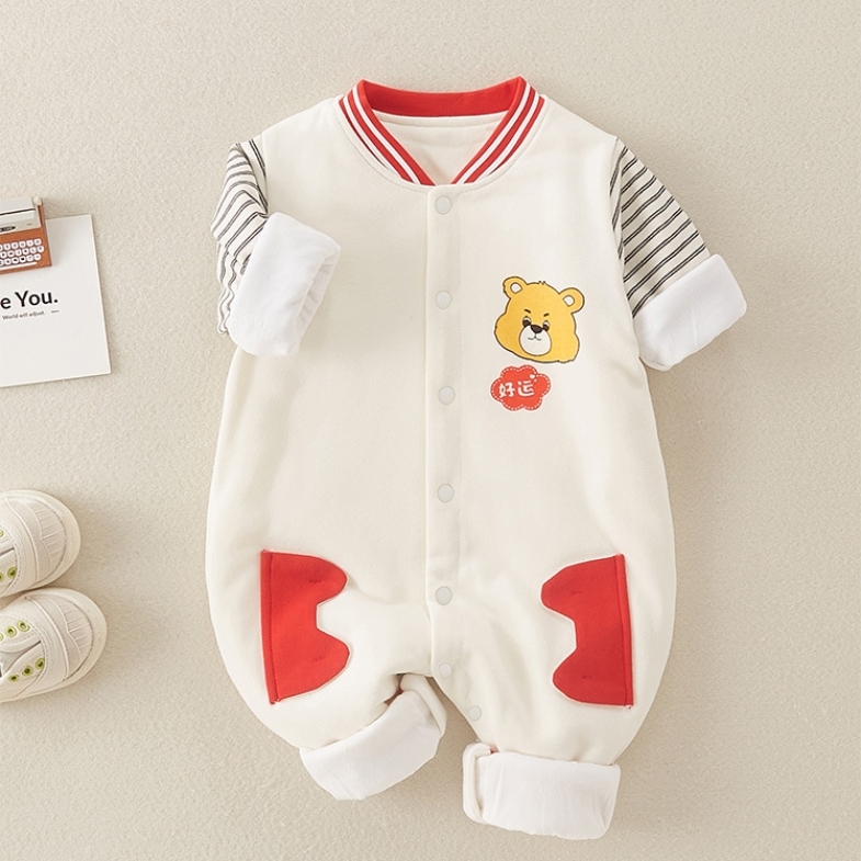 Baby Boy/Girl Bear Print Striped Splicing Long Sleeve Romper-kissminis