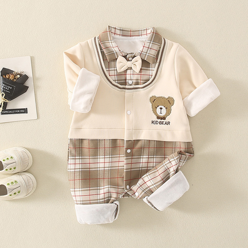 Baby Girl/Boy Fake Two Pieces Plaid Bear Long Sleeve Romper-kissminis