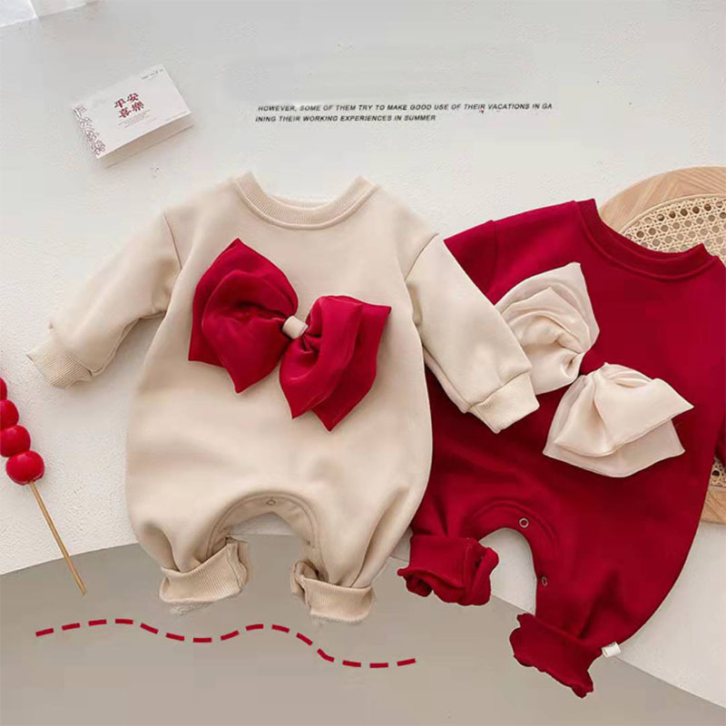 Winter Thicken Baby Girl Bowknot Suspender Romper-kissminis