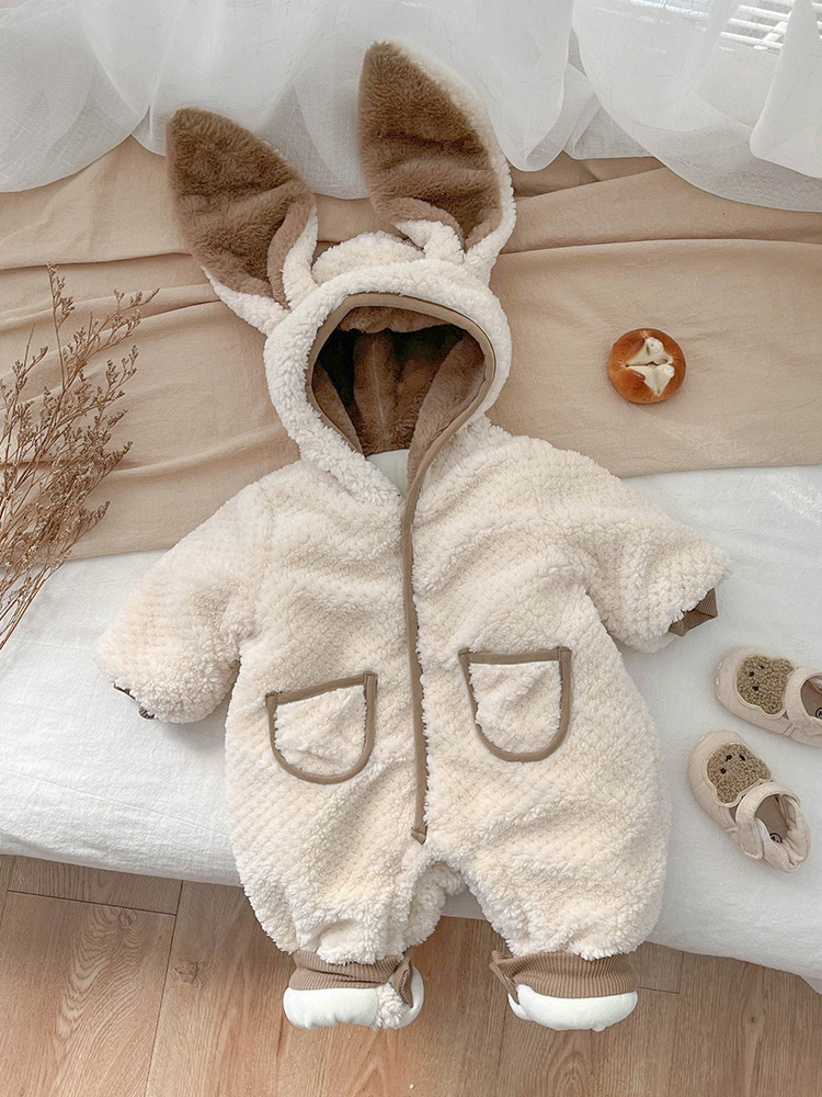 Baby Boy/Girl Solid Color Cute Rabbit Plush Long Sleeves Hooded Romper-kissminis