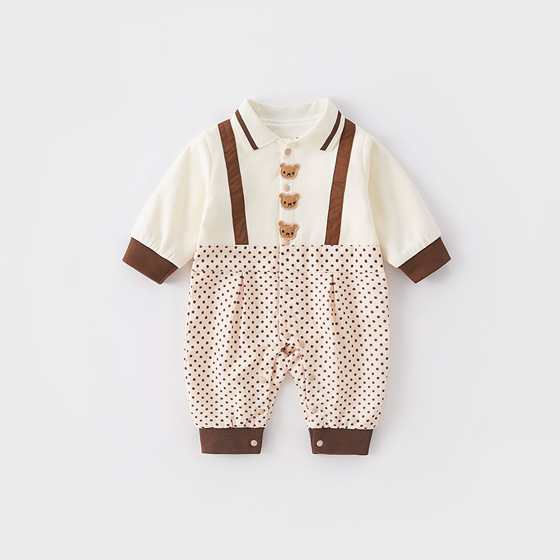 Mock Two-pieces Baby Boy Bear and Dot Graphic Long Sleeve Romper-kissminis