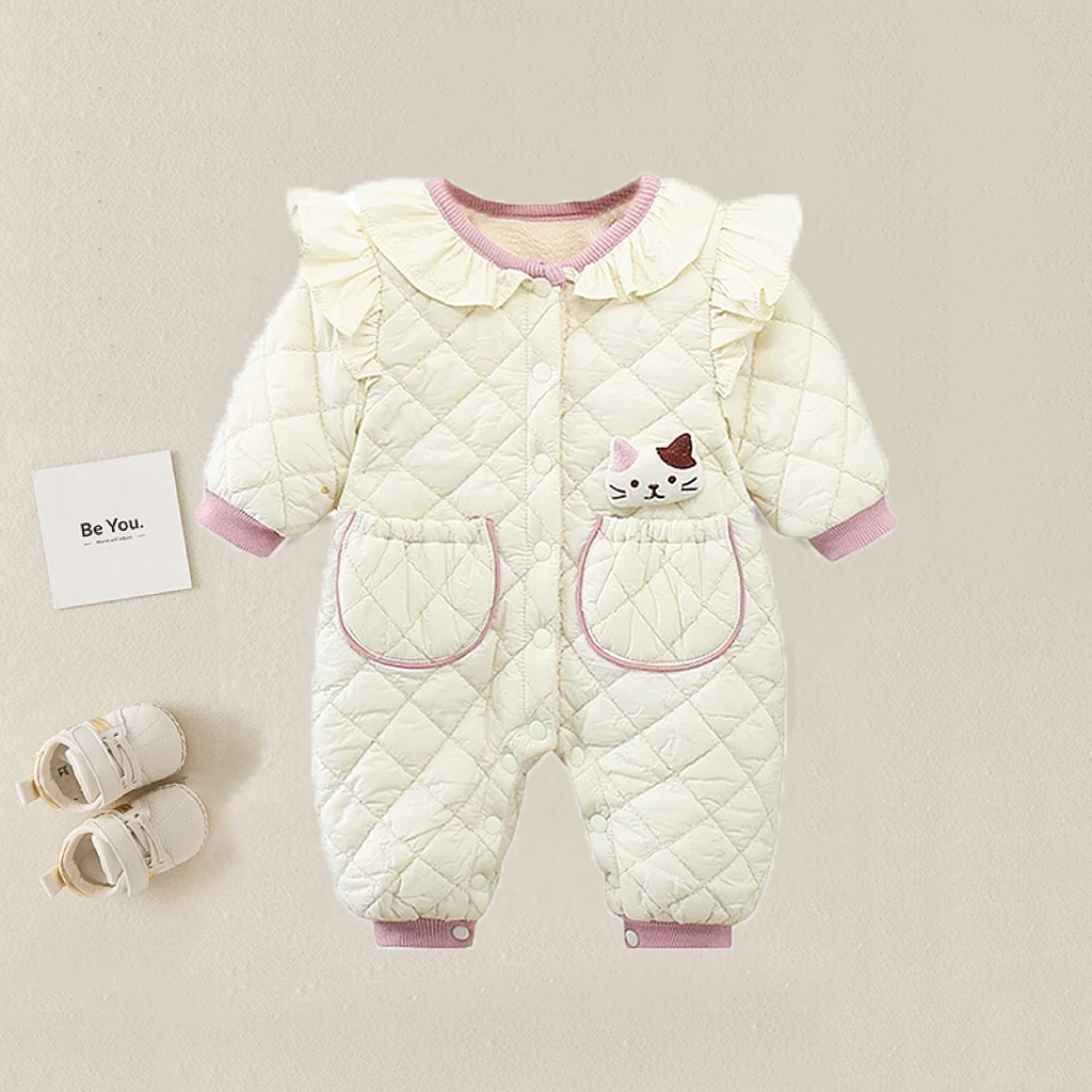 Baby Boy/Girl Thicken Fleece Cute 3D Cat Design Graphic Long Sleeve Romper-kissminis