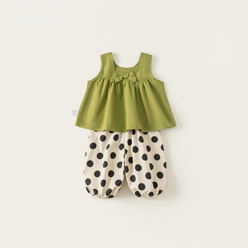 Baby Toddler Girl Summer Bowknot Solid Color Sleeveless Tank Top & Polka Dot Pants Set