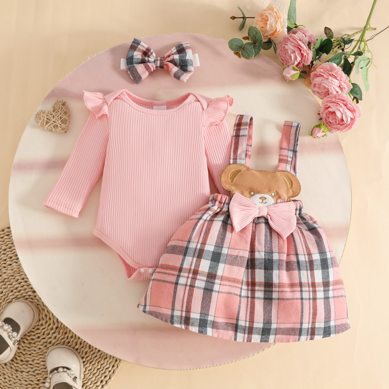 3pcs Baby Girl Pit Stripe Long Sleeve Triangle Bodysuit + Bow Tartan Bear Doll Back Dress + Hairband Set
