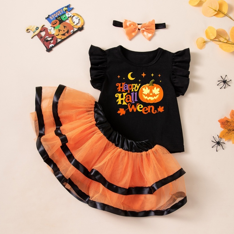 Baby Girl Halloween Ghost Print Three Piece Outfit Set