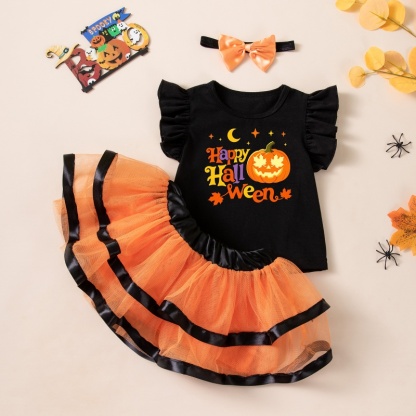 Baby Girl Halloween Ghost Print Three Piece Outfit Set