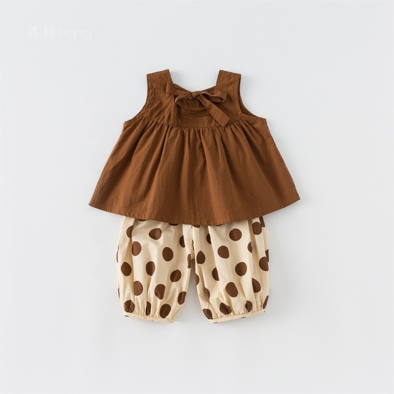 Baby Toddler Girl Summer Bowknot Solid Color Sleeveless Tank Top & Polka Dot Pants Set