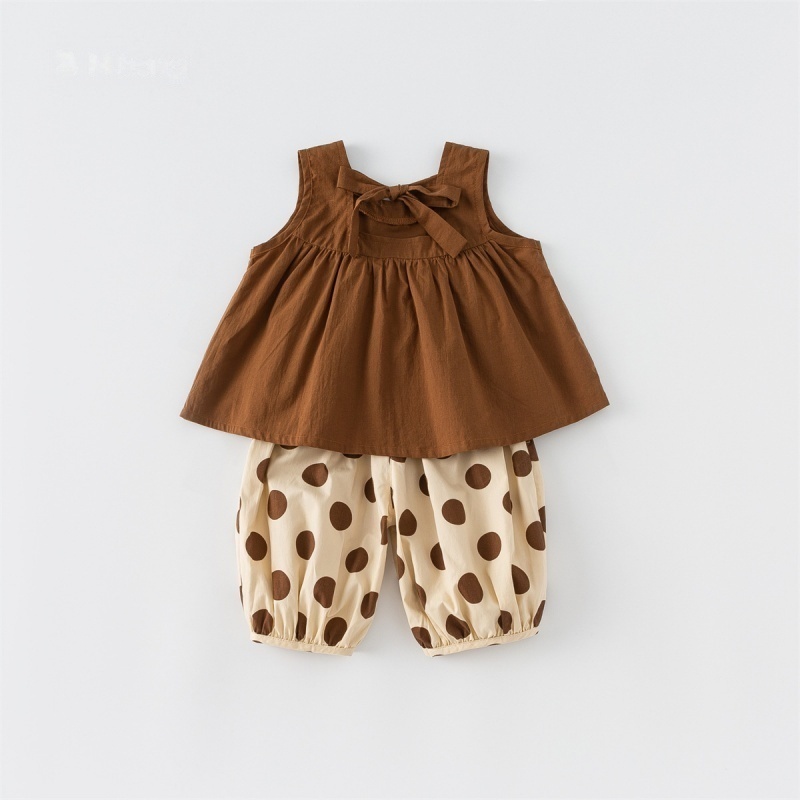 Baby Toddler Girl Summer Bowknot Solid Color Sleeveless Tank Top & Polka Dot Pants Set
