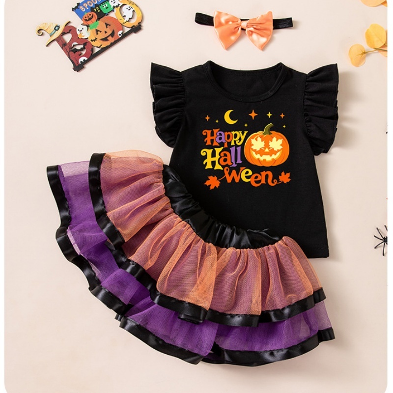 Baby Girl Halloween Ghost Print Three Piece Outfit Set
