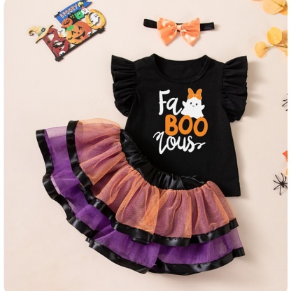 Baby Girl Halloween Ghost Print Three Piece Outfit Set