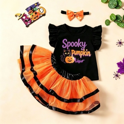 Baby Girl Halloween Ghost Print Three Piece Outfit Set