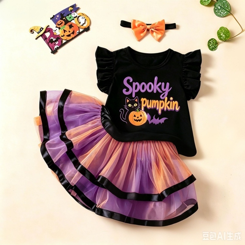 Baby Girl Halloween Ghost Print Three Piece Outfit Set
