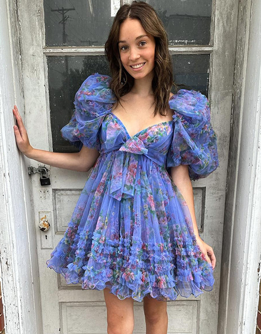 Charming A-Line Puff Sleeves Short Tulle Homecoming Dress