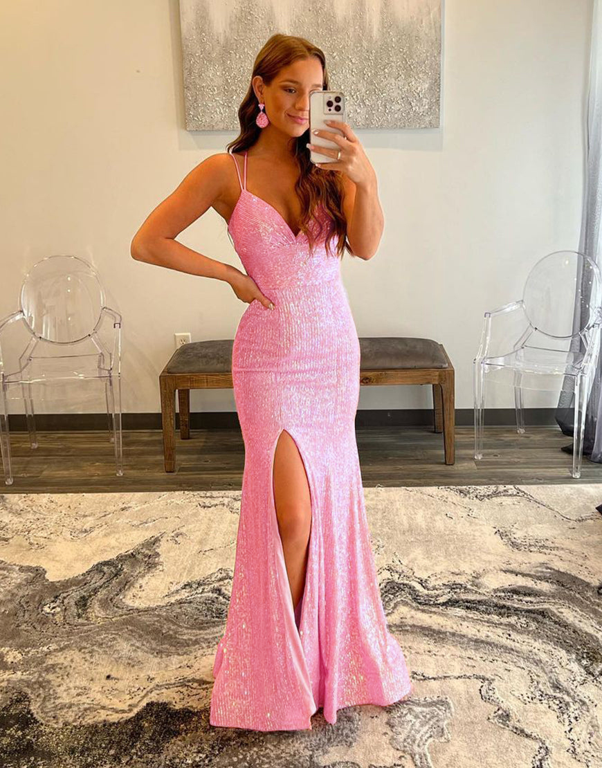 Glitter Mermaid Pink Sequins Mesh Prom Dress