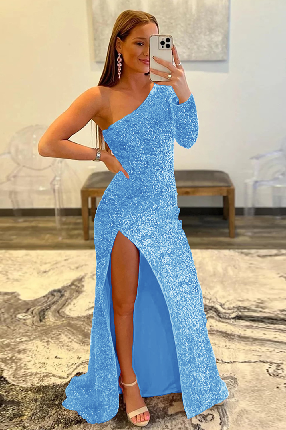 Mermaid Glitter One-Shoulder Single Sleeve Prom Dress With Sequins