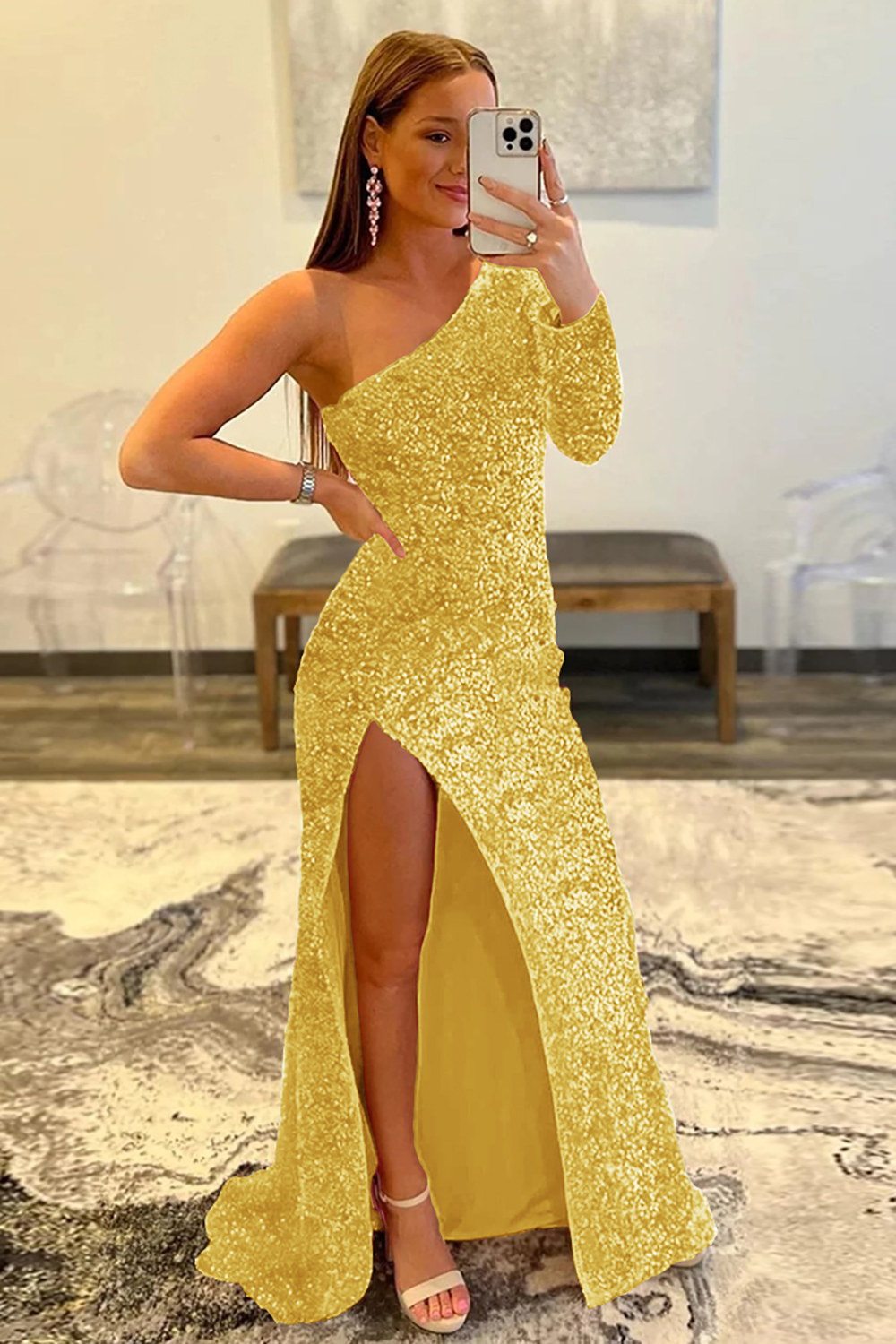 Mermaid Glitter One-Shoulder Single Sleeve Prom Dress With Sequins