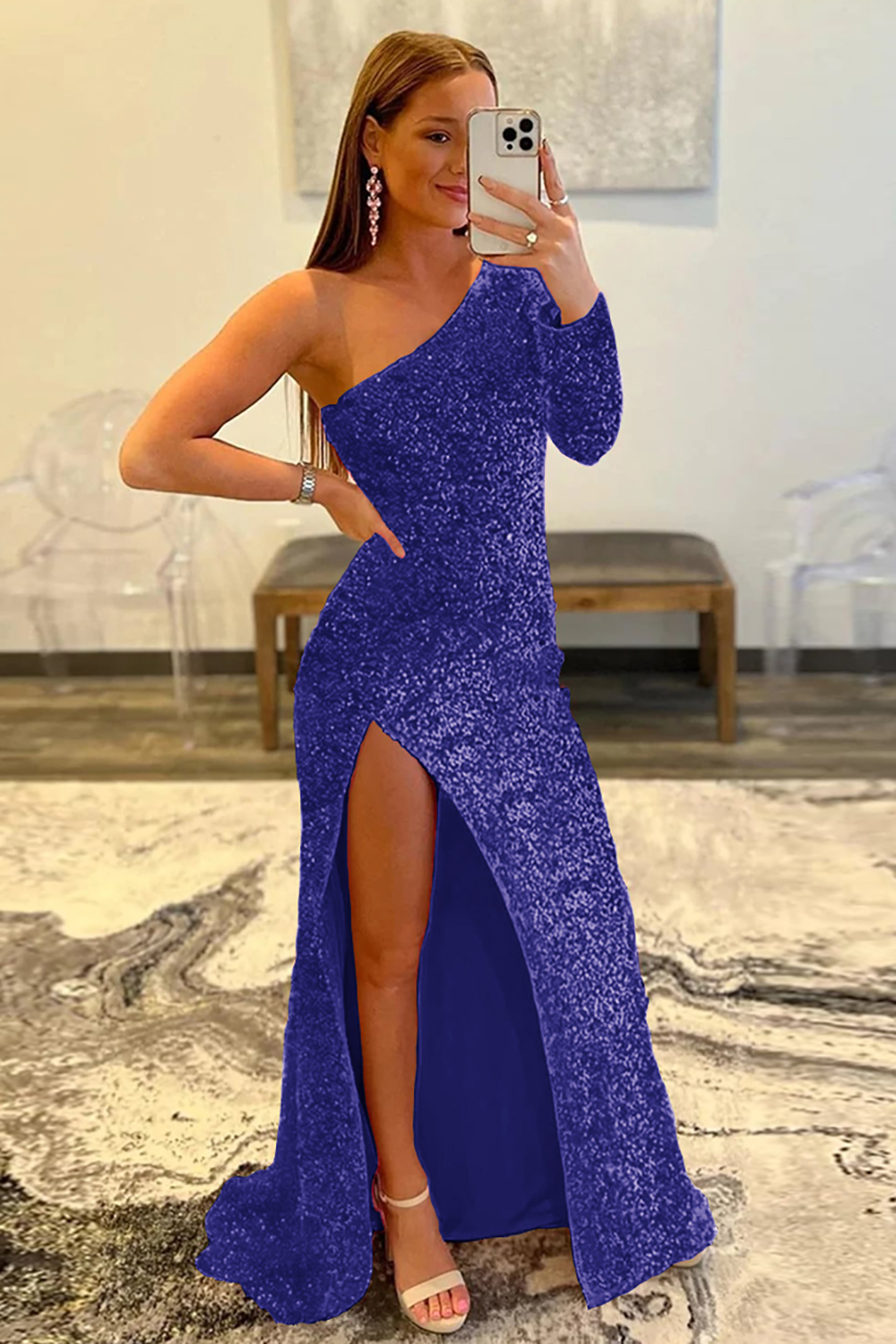 Mermaid Glitter One-Shoulder Single Sleeve Prom Dress With Sequins