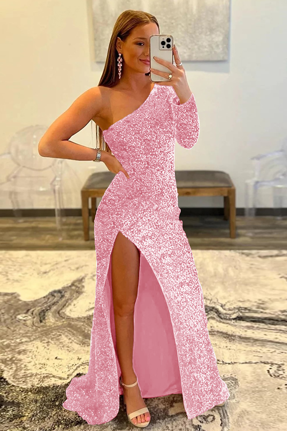 Mermaid Glitter One-Shoulder Single Sleeve Prom Dress With Sequins