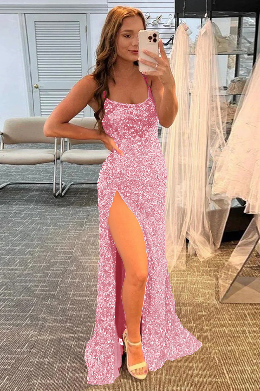 Mermaid Glitter Sequins Sexy Hot Pink Backless Long Prom Dress