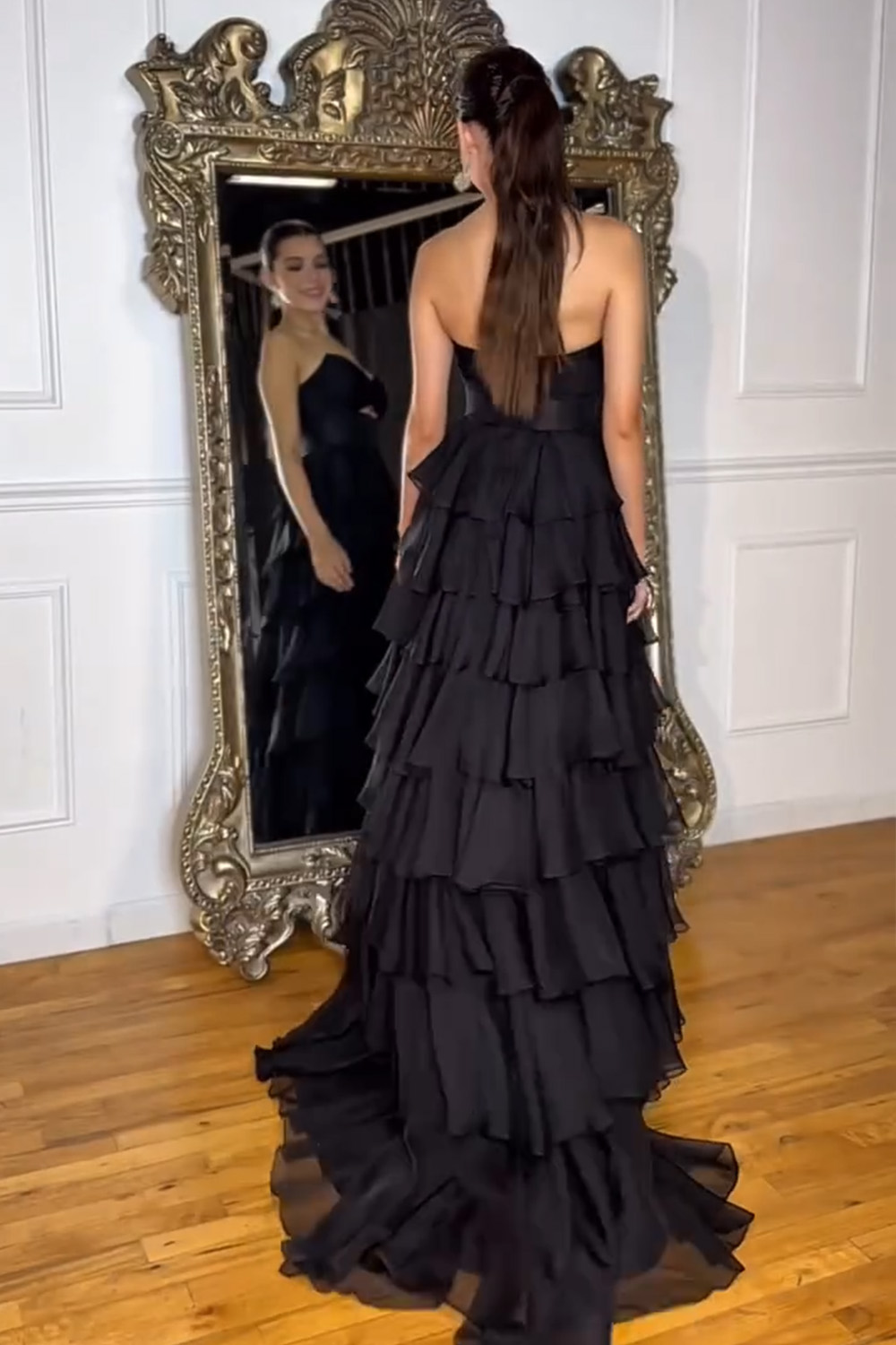 Cute Royal Blue A-Line Strapless Long Tiered Prom Dress with Slit