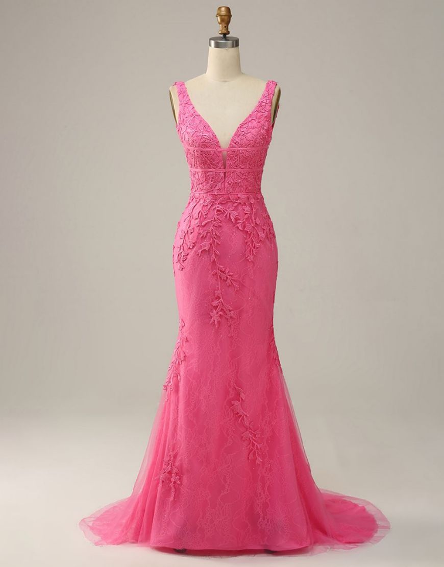 Sexy Mermaid V Neck Pink Prom Dress With Appliques