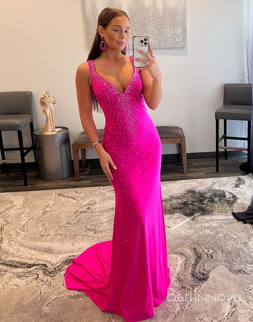 Mermaid Hot Pink Beaded V Neck Long Prom Dress
