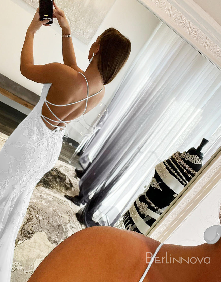 Mermaid White Long Prom Dress Backless Evening Dress