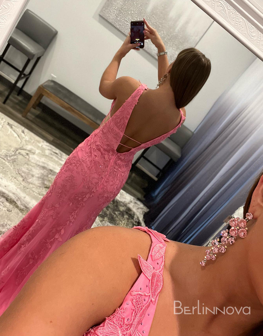Sexy Mermaid V Neck Pink Prom Dress With Appliques