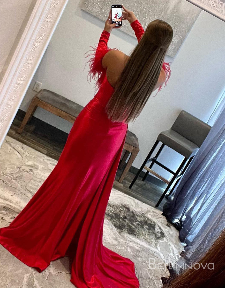 Sexy V Neck Red Satin Long Sleeve Prom Dress