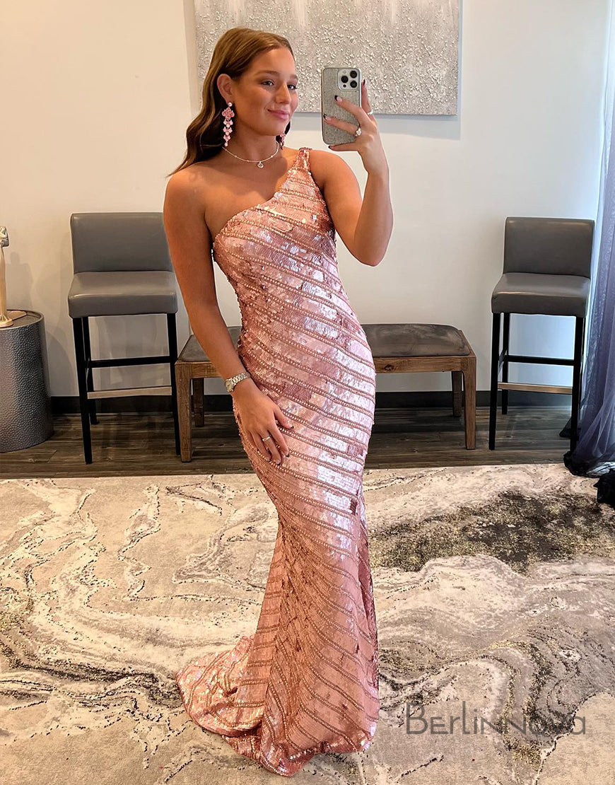 Mermaid One-Shoulder Sparkly Sequins Mesh Prom Dress