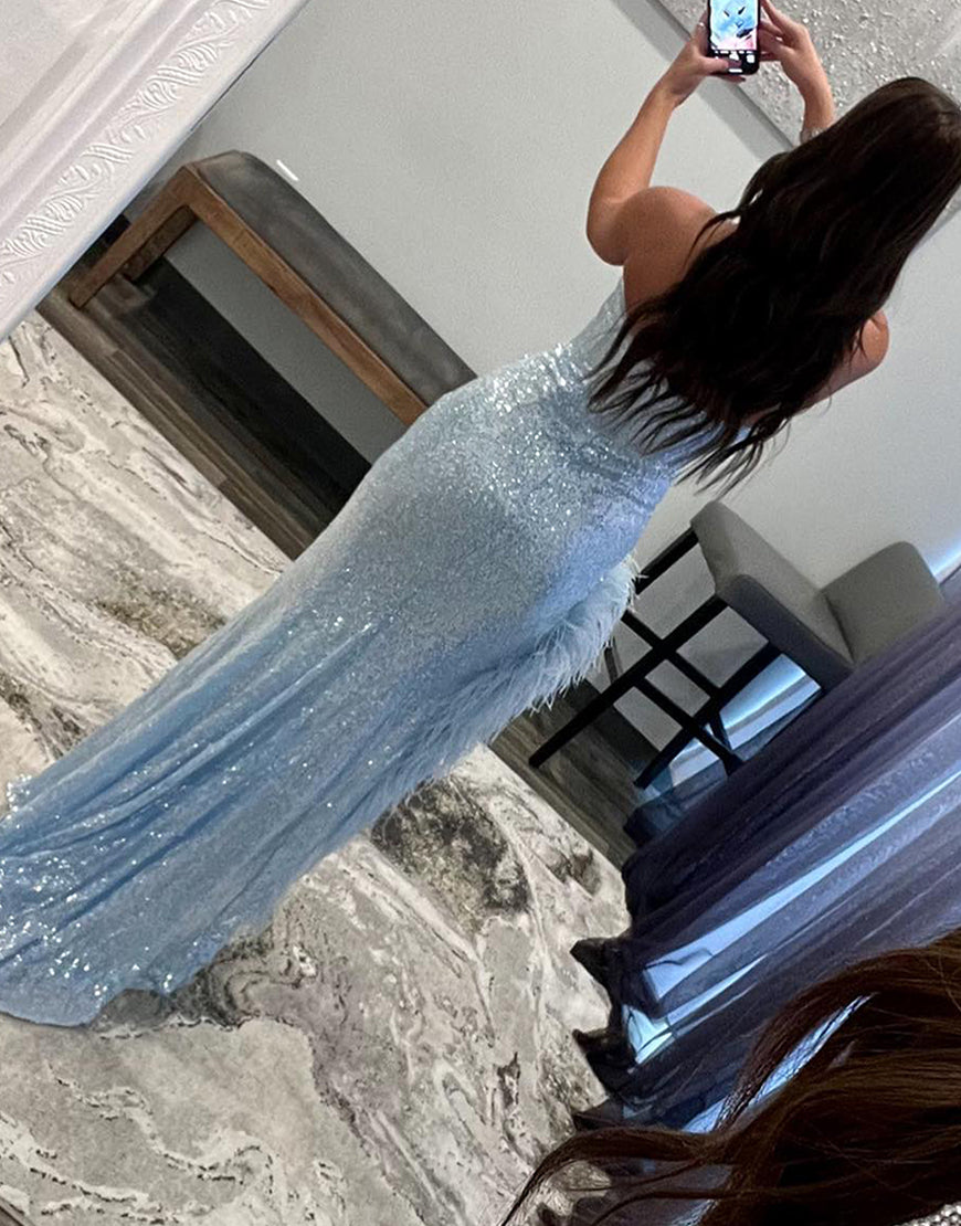 Sexy Glitter V Neck Mermaid Blue Long Prom Dress
