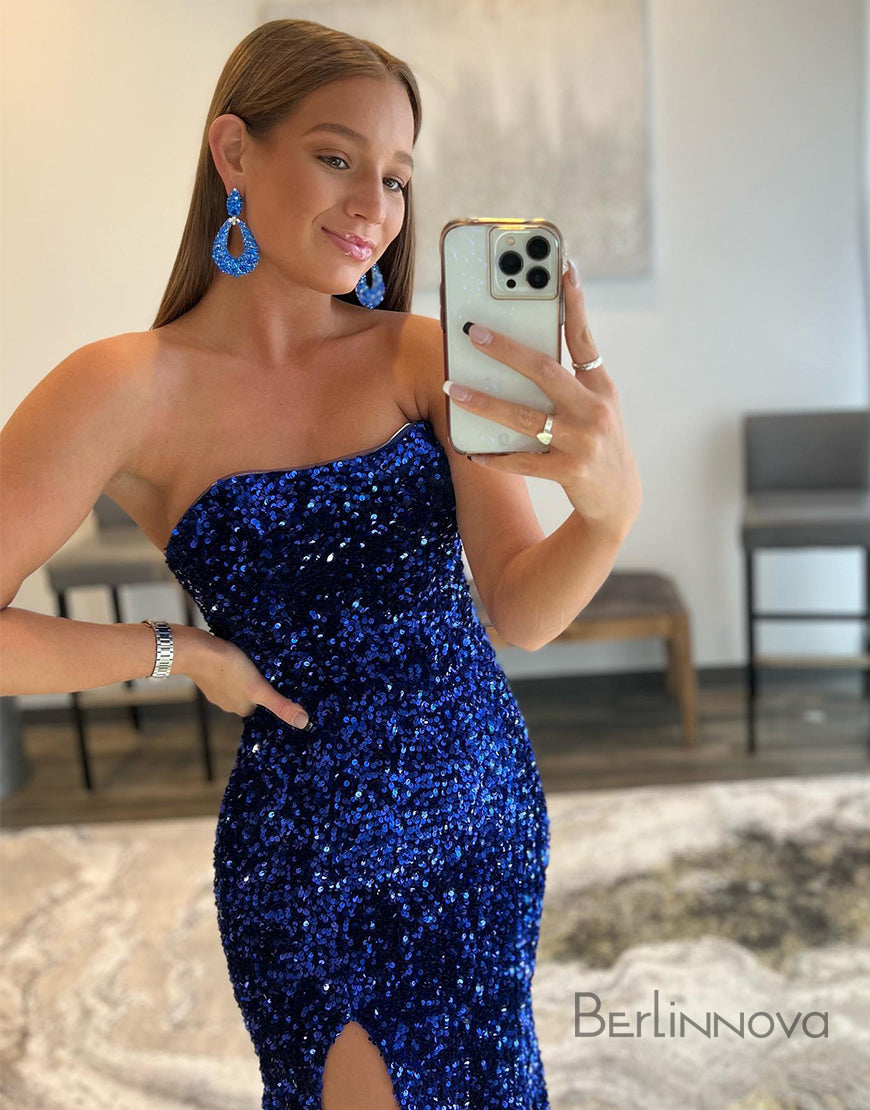 Sexy Glitter Off-the-Shoulder Blue Prom Dress With Sequins
