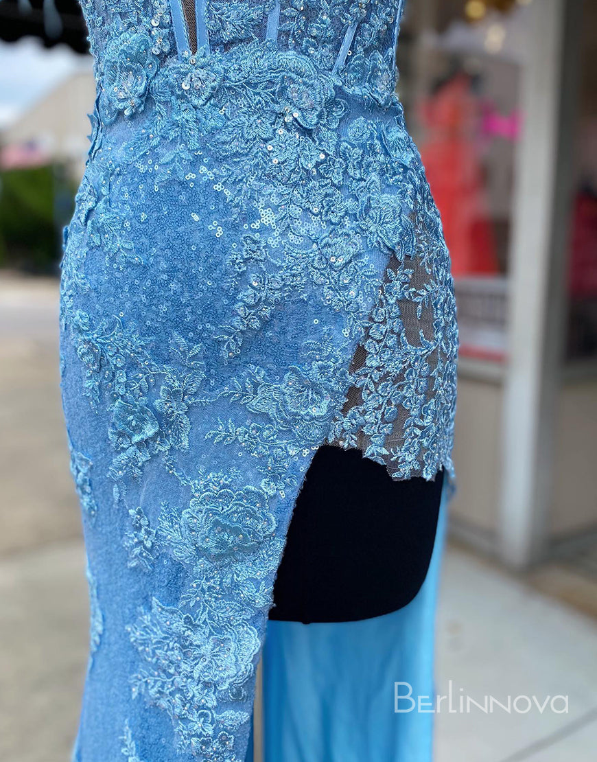 Sexy V Neck Spaghetti Straps Long Prom Dress With Appliques