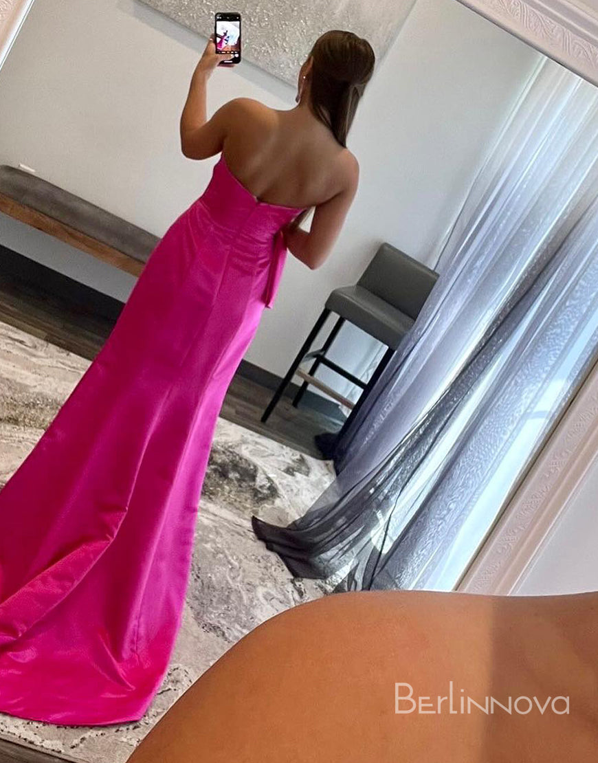 Sexy V Neck Pink Satin Long Sleeve Prom Dress